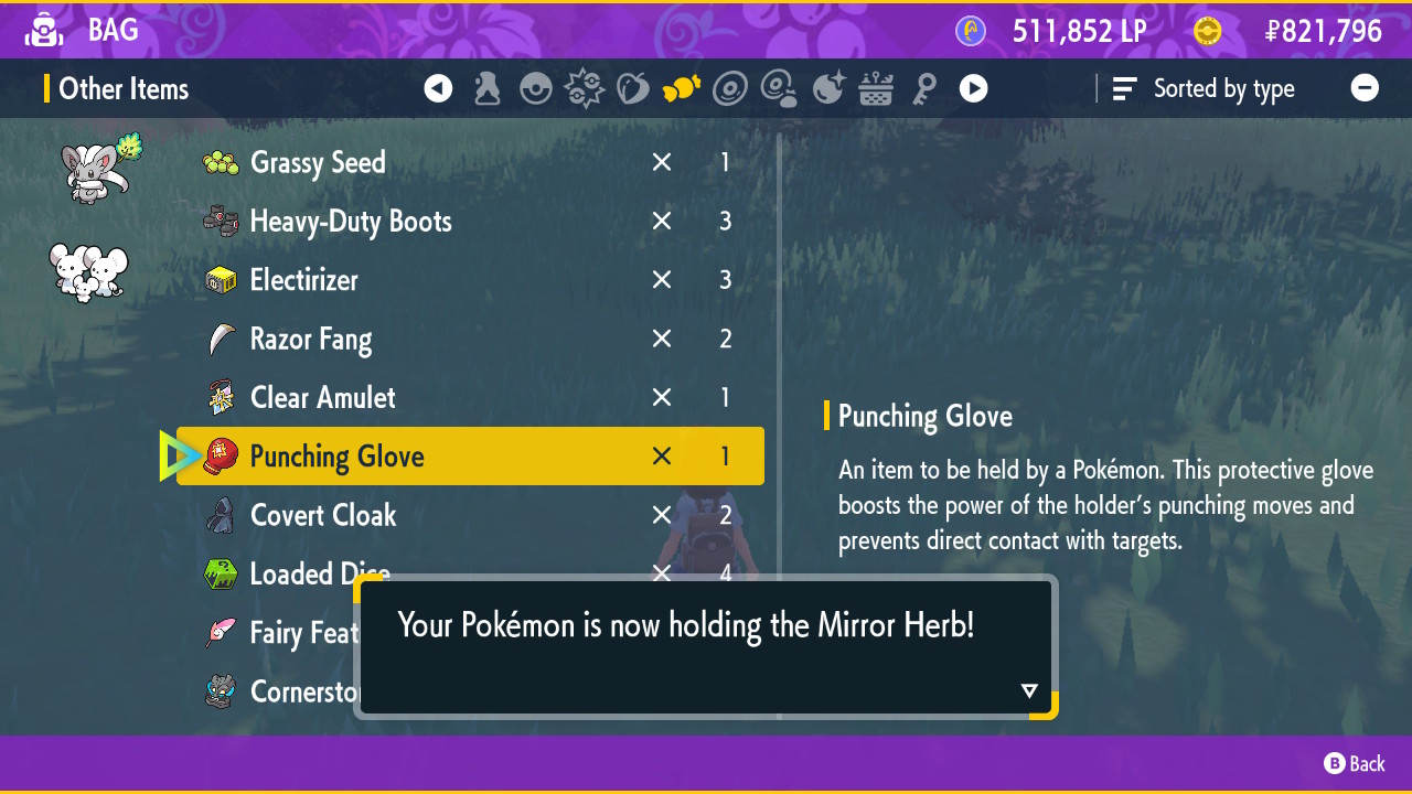 The player's item menu, showing that the Cinccino has been equipped with a Mirror Herb.